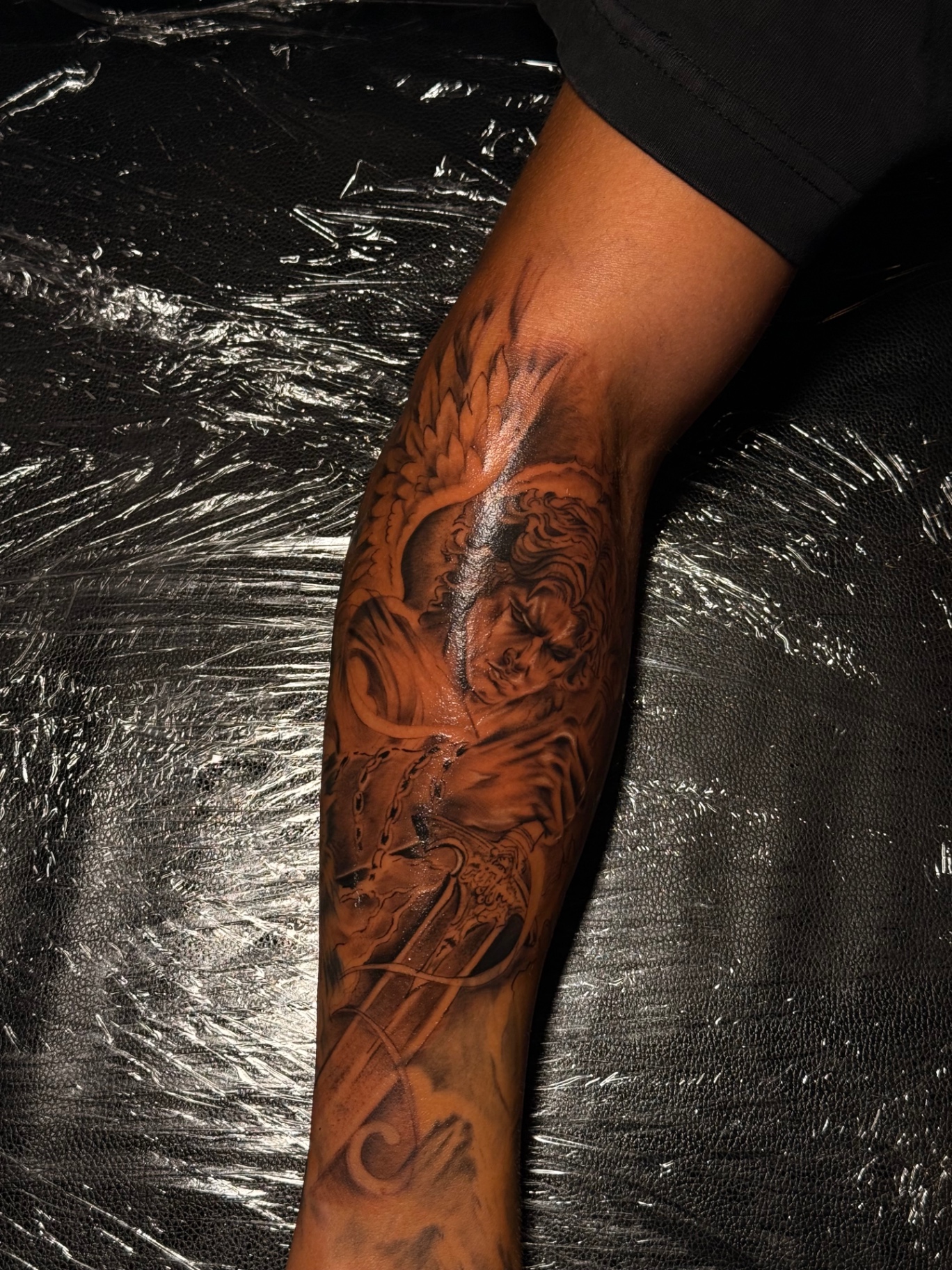 Black and grey angel warrior tattoo